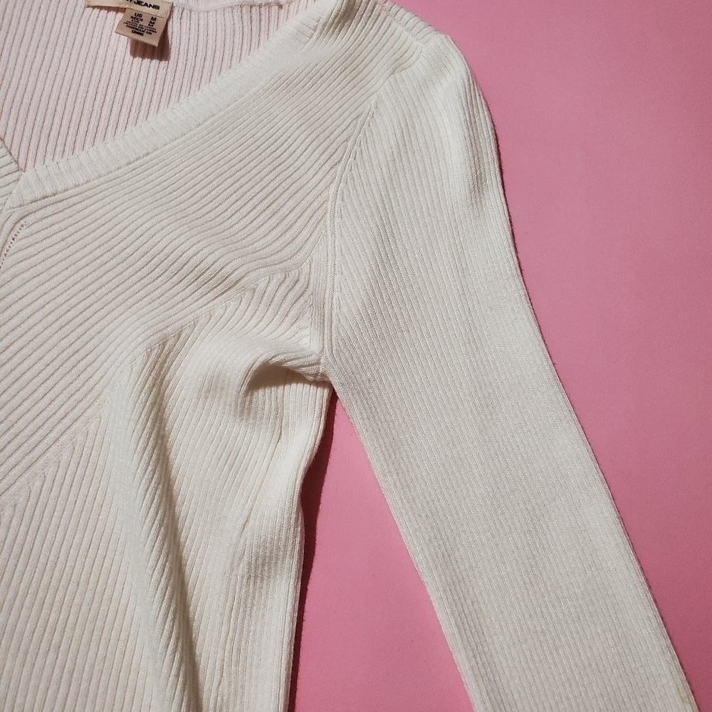 DKNY Jeans Off White Cream Ivory Knit V Neck Sweater - Picture 8 of 12